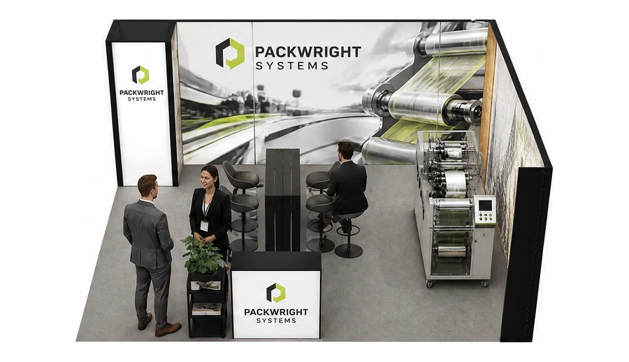 Stoisko 5 × 5 m narożne prawe dla branży maszyny pakujące, przykładowa marka Packwright Systems