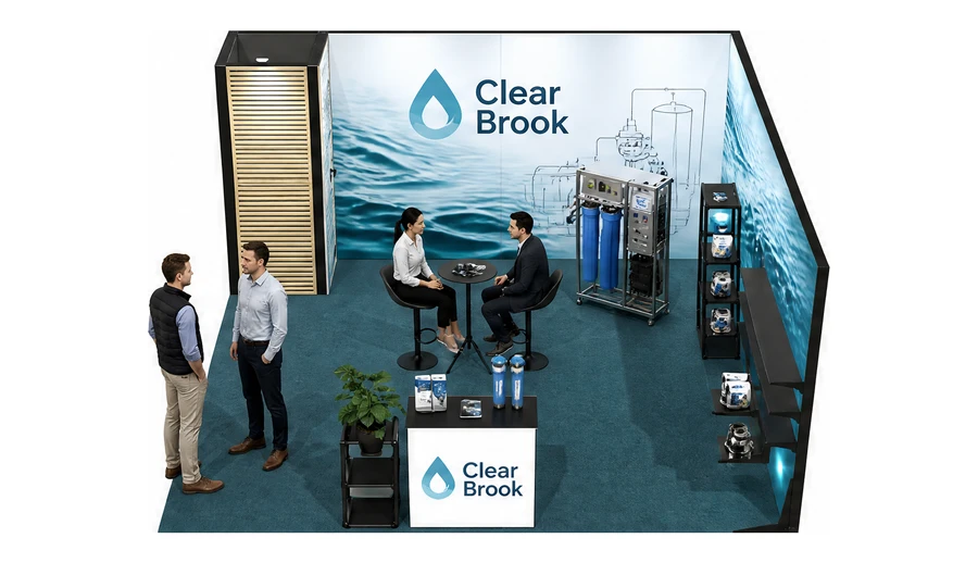 Stoisko 5 × 5 m narożne prawe dla branży technologie wodne, przykładowa marka Clear Brook