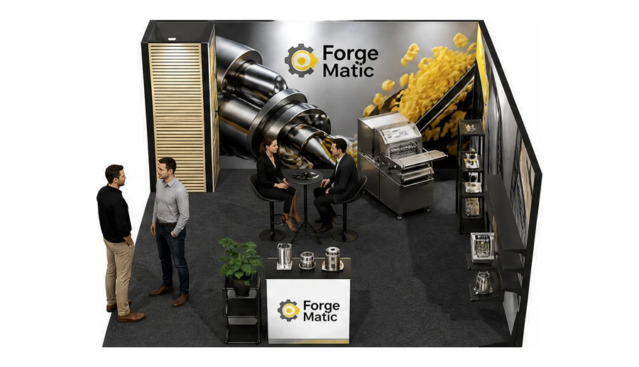 Stoisko 5 × 5 m narożne prawe dla branży technologie spożywcze, przykładowa marka Forge Matic