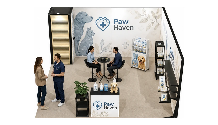 Stoisko 5 × 5 m narożne prawe dla branży weterynaria, przykładowa marka Paw Haven