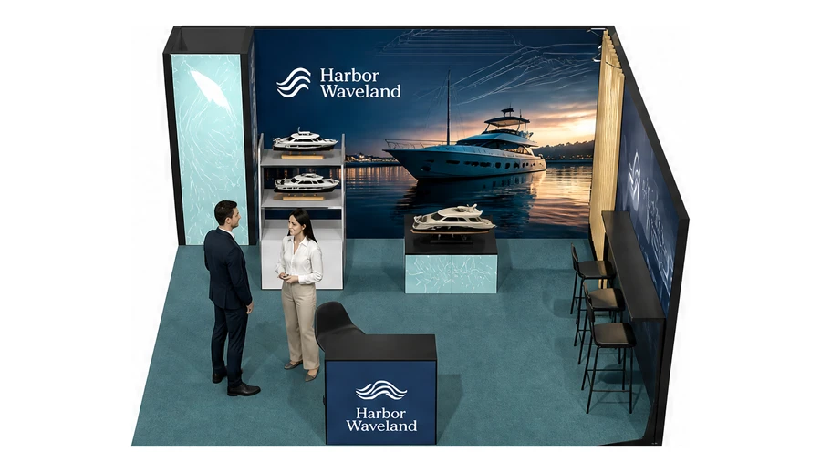Stoisko 5 × 5 m narożne prawe dla branży jachty i łodzie, przykładowa marka Harbor Waveland