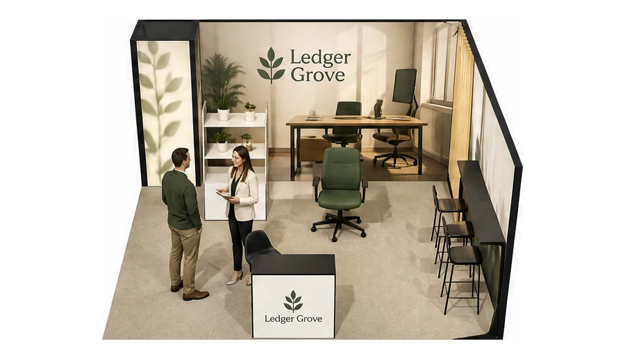Stoisko 5 × 5 m narożne prawe dla branży meble biurowe, przykładowa marka Ledger Grove