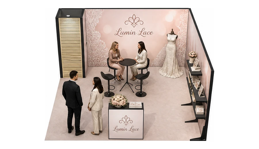 Stoisko 5 × 5 m narożne prawe dla branży branża ślubna, przykładowa marka Lumin Lace