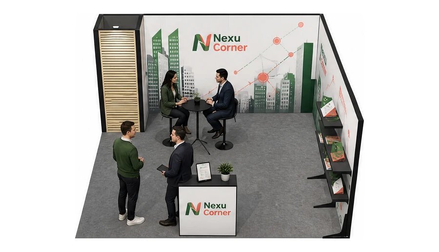 Stoisko 5 × 5 m narożne prawe dla branży franczyza i sieci, przykładowa marka Nexu Corner