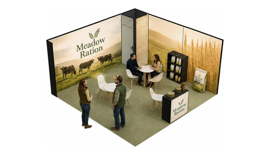 Stoisko 5 × 5 m narożne prawe dla branży hodowla i pasze, przykładowa marka Meadow Ration