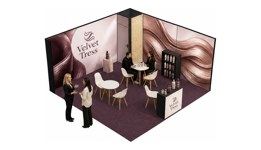 Stoisko 5 × 5 m narożne prawe dla branży fryzjerstwo i salony beauty, przykładowa marka Velvet Tress
