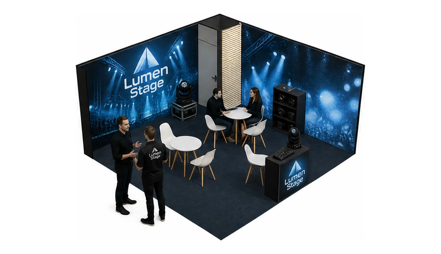 Stoisko 5 × 5 m narożne prawe dla branży branża eventowa, przykładowa marka Lumen Stage