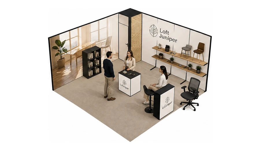 Stoisko 5 × 5 m narożne prawe dla branży meble biurowe, przykładowa marka Loft Juniper