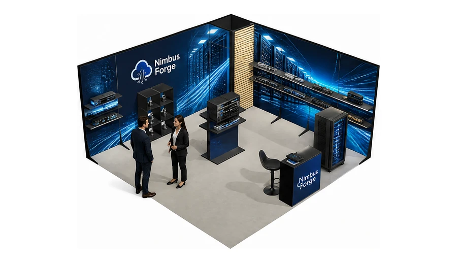 Stoisko 5 × 5 m narożne prawe dla branży infrastruktura IT i data center, przykładowa marka Nimbus Forge