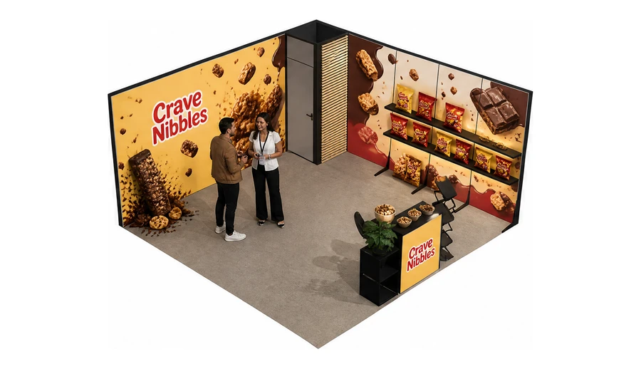 Stoisko 5 × 5 m narożne prawe dla branży słodycze i przekąski, przykładowa marka Crave Nibbles