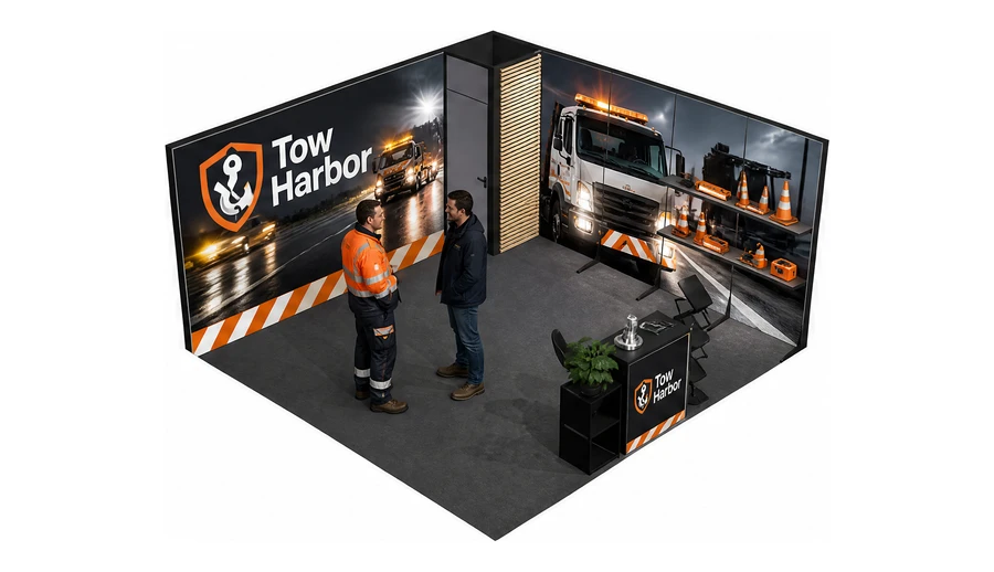 Stoisko 5 × 5 m narożne prawe dla branży pomoc drogowa i lawety, przykładowa marka Tow Harbor