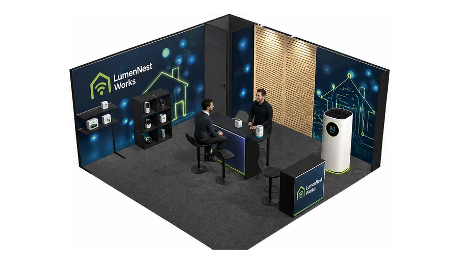 Stoisko 5 × 5 m narożne prawe dla branży smart home i IoT, przykładowa marka LumenNest Works