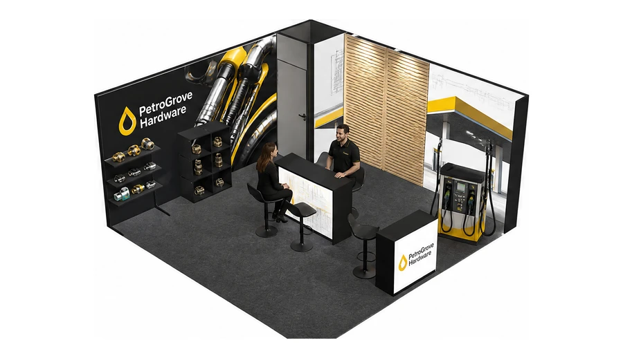 Stoisko 5 × 5 m narożne prawe dla branży stacje paliw, przykładowa marka PetroGrove Hardware