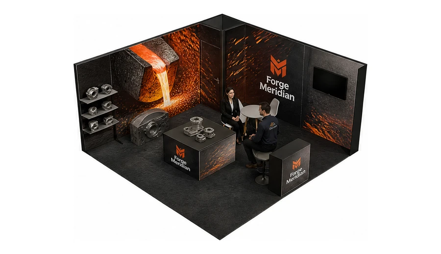 Stoisko 5 × 5 m narożne prawe dla branży obróbka metali i odlewnictwo, przykładowa marka Forge Meridian