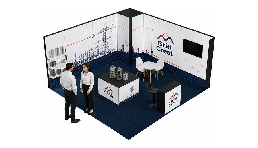 Stoisko 5 × 5 m narożne prawe dla branży energetyka i sieci, przykładowa marka Grid Crest