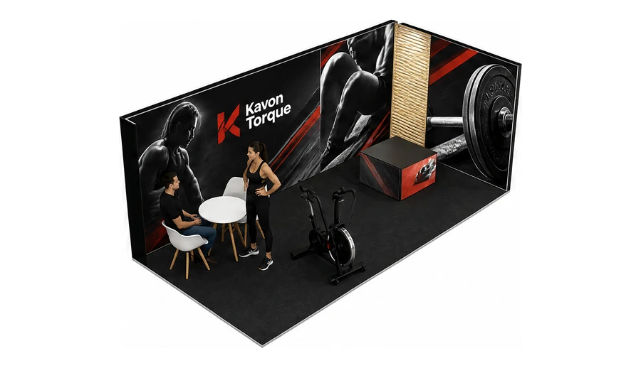 Stoisko 6 × 3 m narożne prawe dla branży fitness i siłownie, przykładowa marka Kavon Torque
