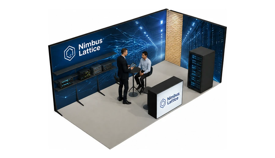 Stoisko 6 × 3 m narożne prawe dla branży infrastruktura IT i data center, przykładowa marka Nimbus Lattice