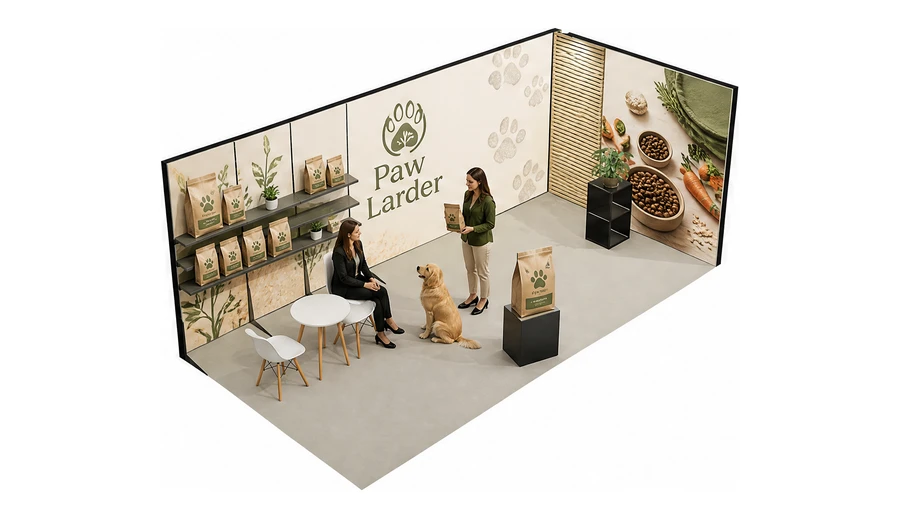 Stoisko 6 × 3 m narożne prawe dla branży karma dla zwierząt, przykładowa marka Paw Larder