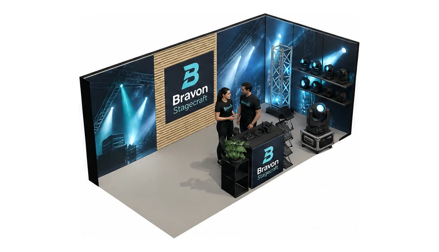 Stoisko 6 × 3 m narożne prawe dla branży branża eventowa, przykładowa marka Bravon Stagecraft