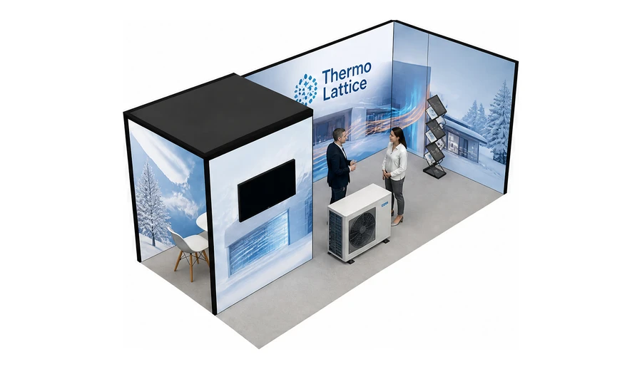 Stoisko 6 × 3 m narożne prawe dla branży pompy ciepła i ogrzewanie, przykładowa marka Thermo Lattice