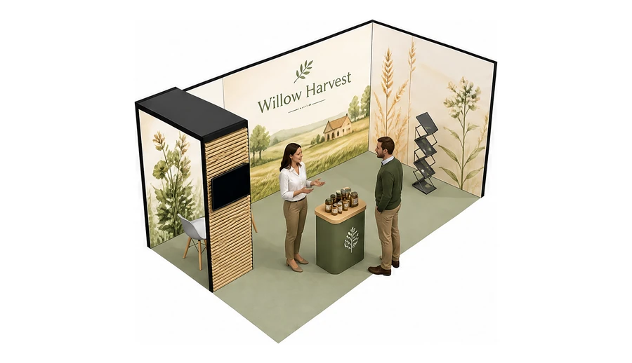 Stoisko 6 × 3 m narożne prawe dla branży żywność ekologiczna, przykładowa marka Willow Harvest