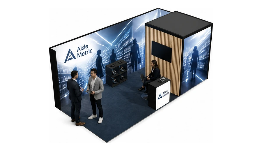 Stoisko 6 × 3 m narożne prawe dla branży technologie dla handlu, przykładowa marka Aisle Metric