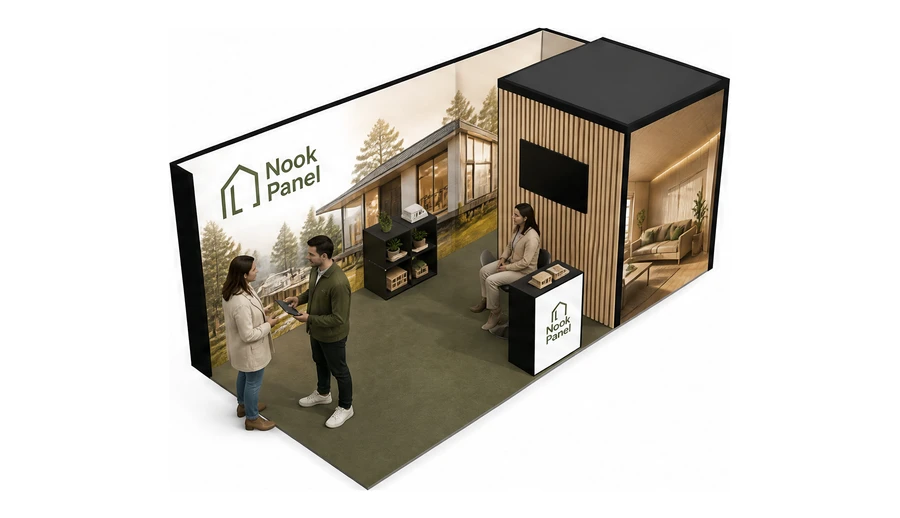 Stoisko 6 × 3 m narożne prawe dla branży domy modułowe i prefabrykacja, przykładowa marka Nook Panel
