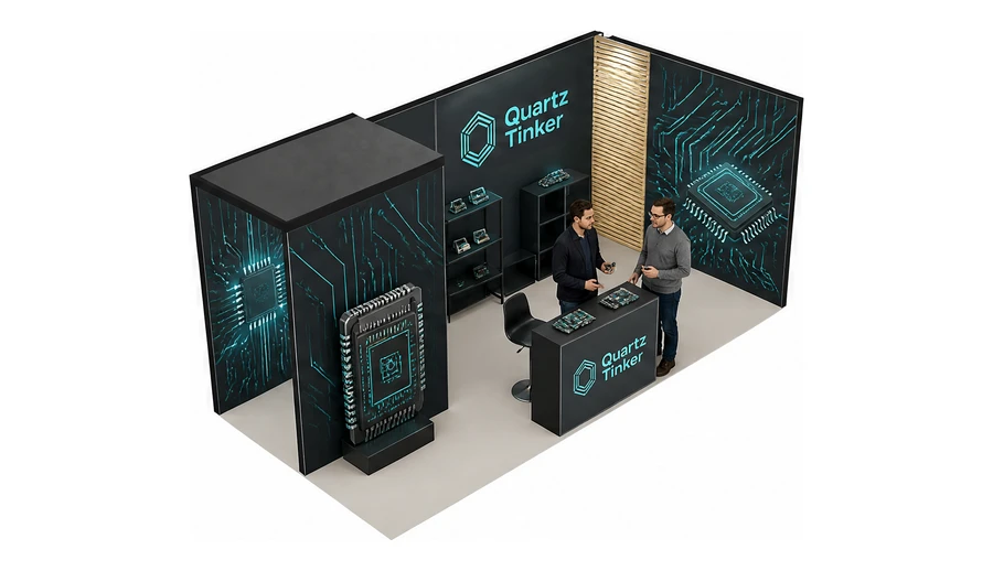Stoisko 6 × 3 m narożne prawe dla branży komponenty elektroniczne, przykładowa marka Quartz Tinker