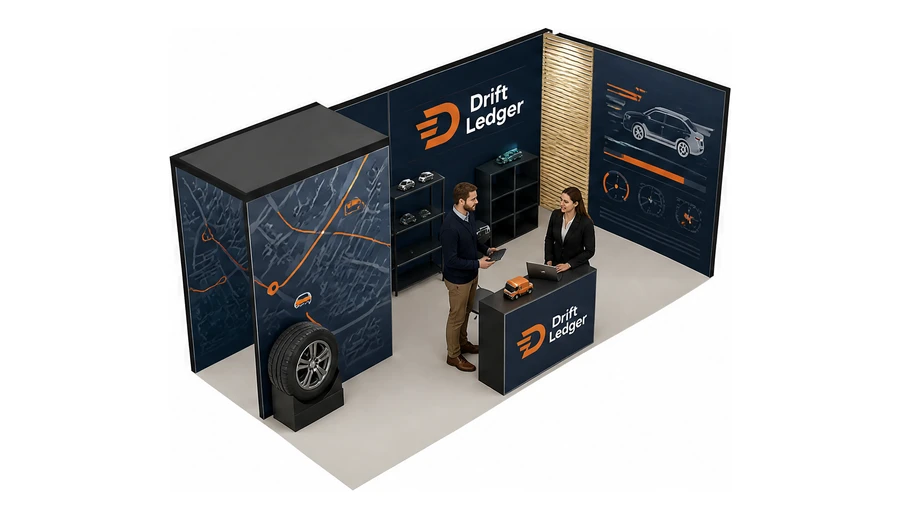 Stoisko 6 × 3 m narożne prawe dla branży flota i leasing aut, przykładowa marka Drift Ledger