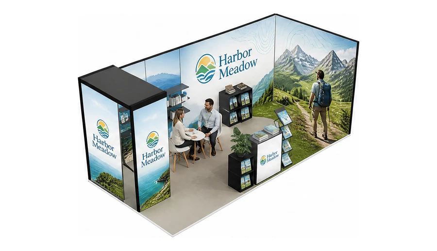 Stoisko 6 × 3 m narożne prawe dla branży biura podróży i regiony, przykładowa marka Harbor Meadow