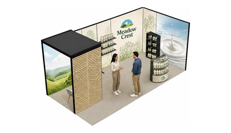 Stoisko 6 × 3 m narożne prawe dla branży nabiał i mleczarstwo, przykładowa marka Meadow Crest