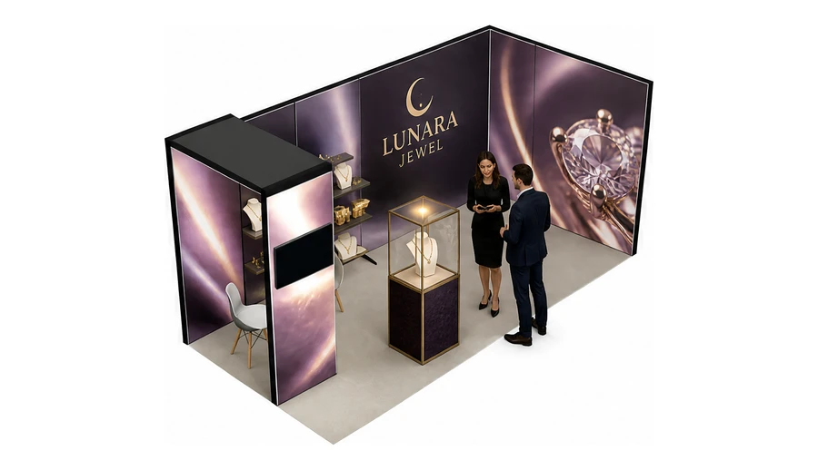 Stoisko 6 × 3 m narożne prawe dla branży biżuteria, przykładowa marka Lunara Jewel