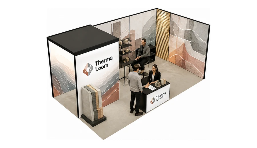 Stoisko 6 × 3 m narożne prawe dla branży izolacje techniczne, przykładowa marka Therma Loom
