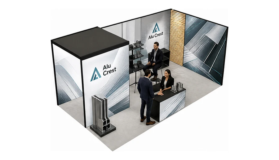 Stoisko 6 × 3 m narożne prawe dla branży profile aluminiowe, przykładowa marka Alu Crest