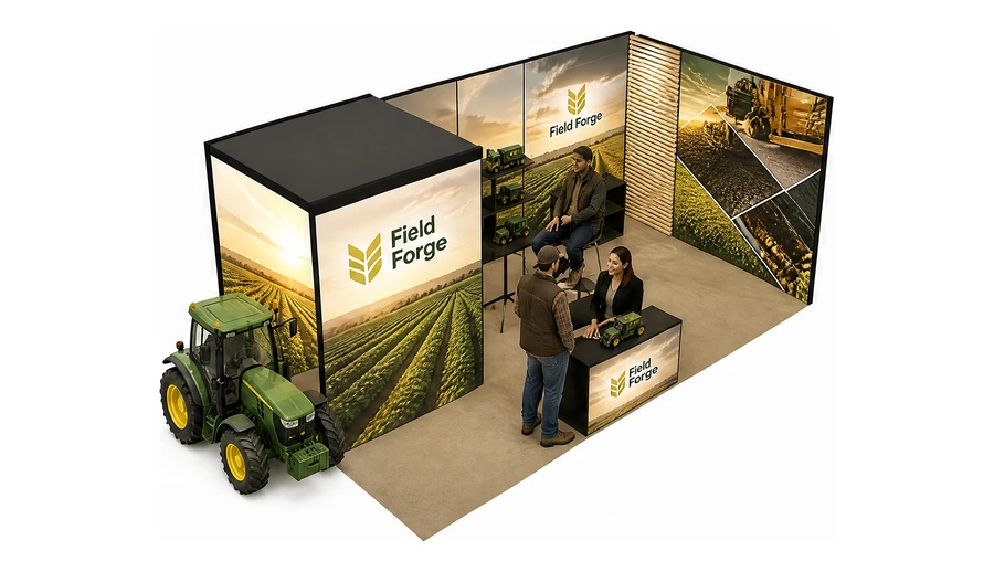 Stoisko 6 × 3 m narożne prawe dla branży maszyny rolnicze, przykładowa marka Field Forge