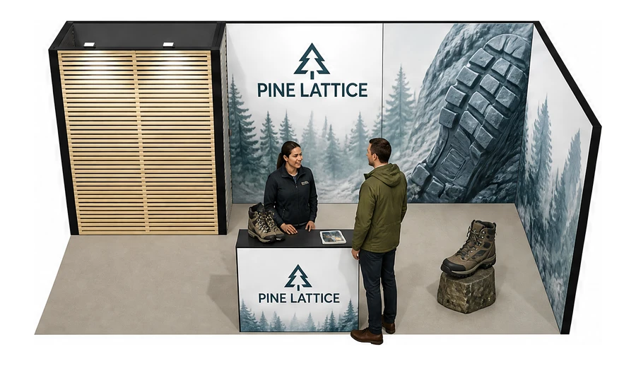 Stoisko 6 × 3 m narożne prawe dla branży obuwie, przykładowa marka Pine Lattice