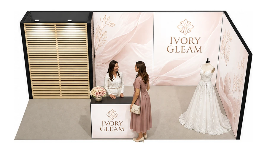Stoisko 6 × 3 m narożne prawe dla branży branża ślubna, przykładowa marka Ivory Gleam