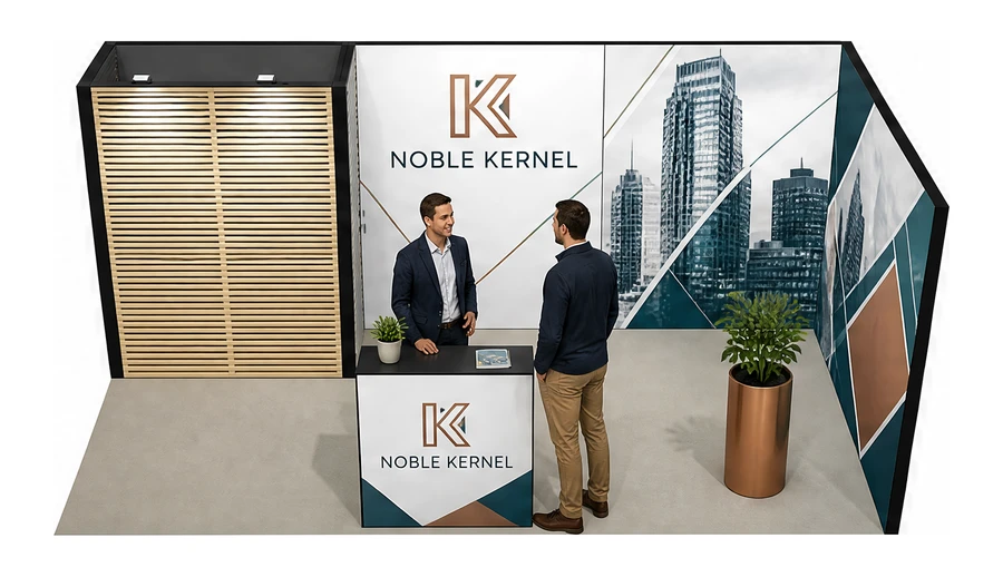 Stoisko 6 × 3 m narożne prawe dla branży franczyza i sieci, przykładowa marka Noble Kernel
