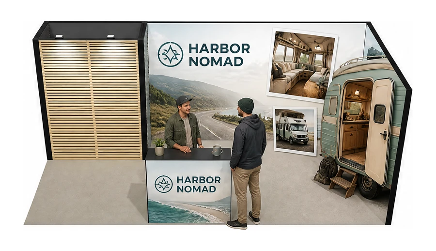 Stoisko 6 × 3 m narożne prawe dla branży caravaning i kampery, przykładowa marka Harbor Nomad