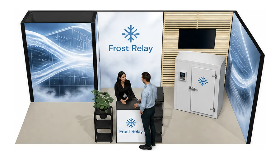 Stoisko 6 × 3 m narożne prawe dla branży łańcuch chłodniczy, przykładowa marka Frost Relay