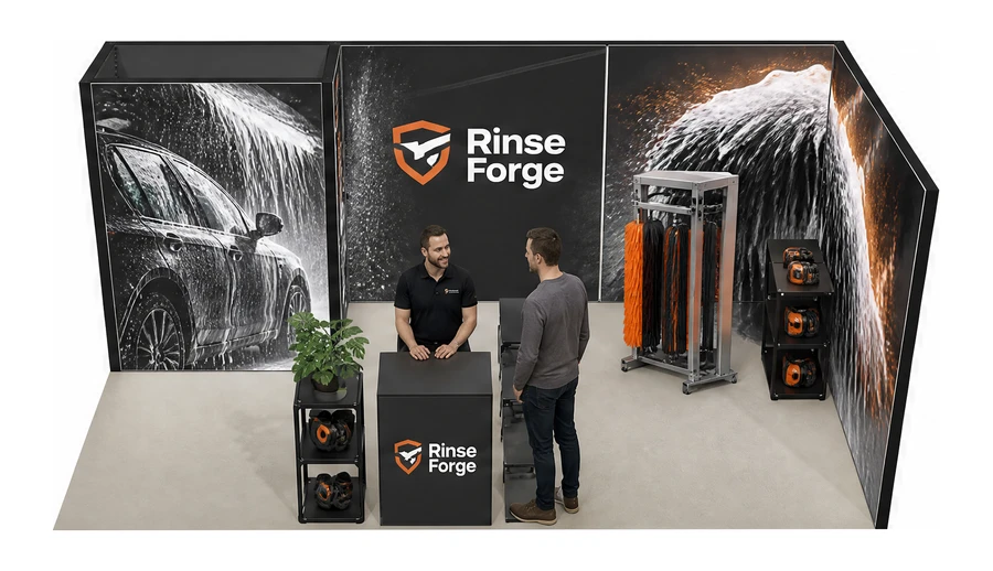 Stoisko 6 × 3 m narożne prawe dla branży myjnie i pielęgnacja aut, przykładowa marka Rinse Forge