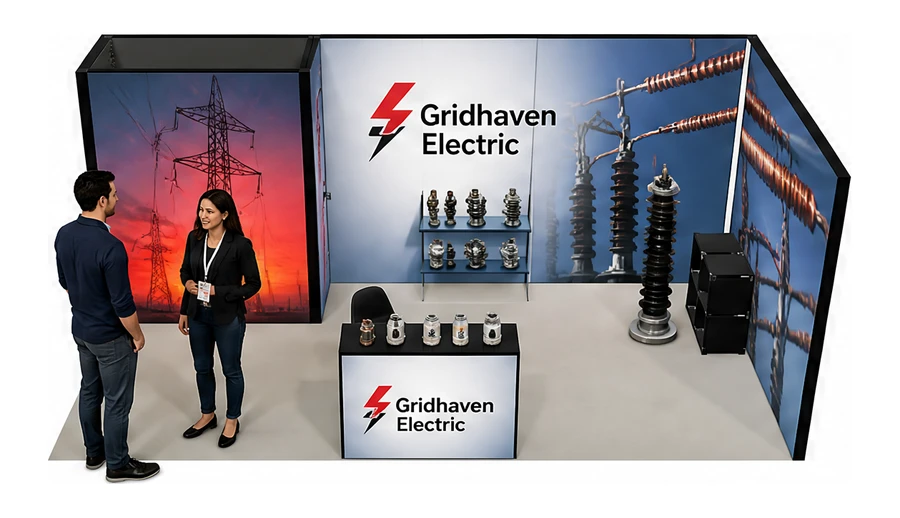Stoisko 6 × 3 m narożne prawe dla branży energetyka i sieci, przykładowa marka Gridhaven Electric