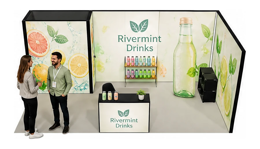 Stoisko 6 × 3 m narożne prawe dla branży napoje, przykładowa marka Rivermint Drinks