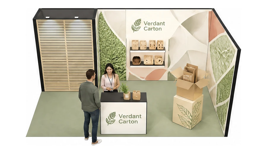 Stoisko 6 × 3 m narożne prawe dla branży opakowania ekologiczne, przykładowa marka Verdant Carton