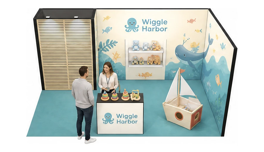 Stoisko 6 × 3 m narożne prawe dla branży zabawki i artykuły dziecięce, przykładowa marka Wiggle Harbor