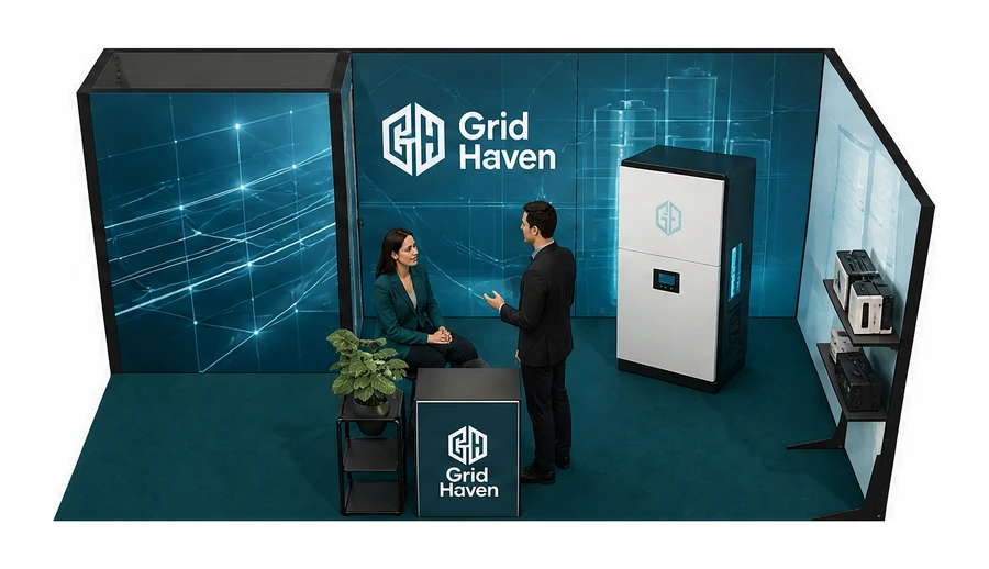 Stoisko 6 × 3 m narożne prawe dla branży magazyny energii, przykładowa marka Grid Haven