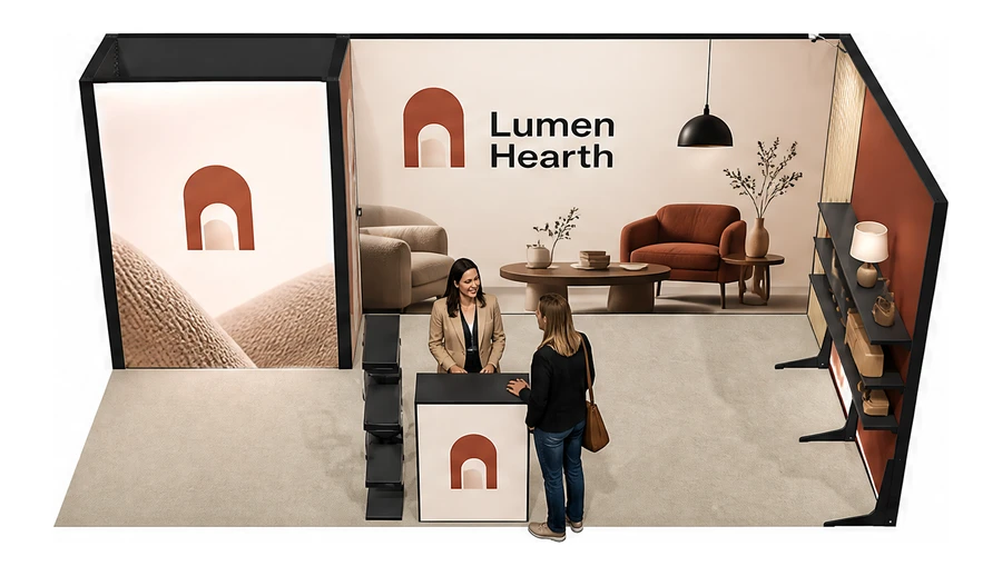 Stoisko 6 × 3 m narożne prawe dla branży meble designerskie, przykładowa marka Lumen Hearth