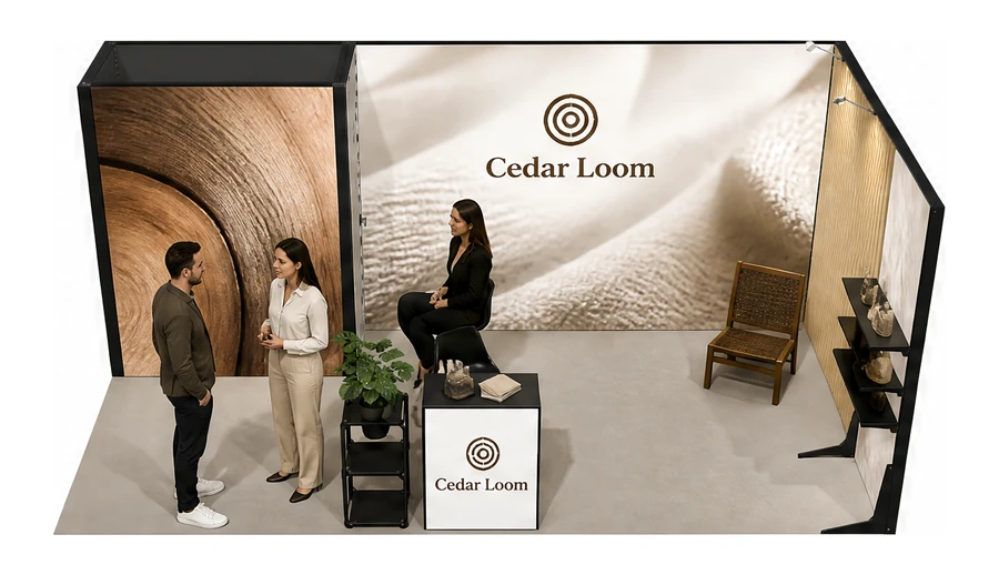 Stoisko 6 × 3 m narożne prawe dla branży meble designerskie, przykładowa marka Cedar Loom