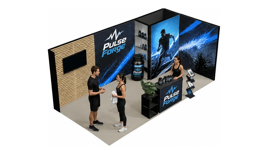 Stoisko 6 × 3 m narożne prawe dla branży suplementy diety, przykładowa marka Pulse Forge
