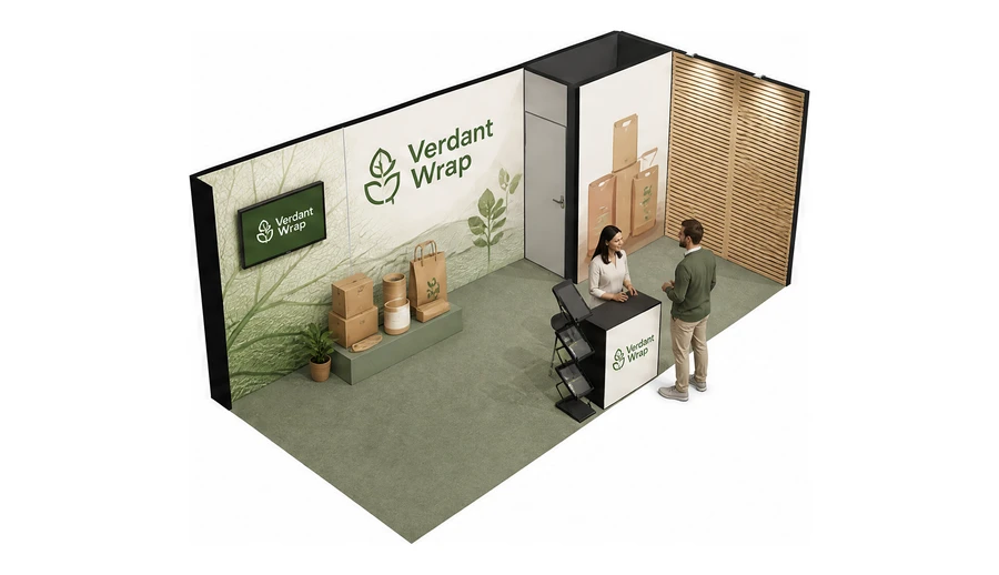 Stoisko 6 × 3 m narożne prawe dla branży opakowania ekologiczne, przykładowa marka Verdant Wrap